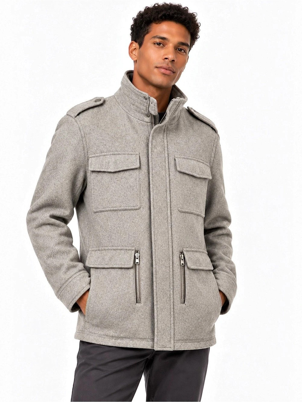 Buffalo David Bitton Jaris Men’s L Gray 60% Wool Military Field Jacket